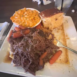 My Luke warm pot roast with mashed potatoes, mac &amp; cheese, and cornbread