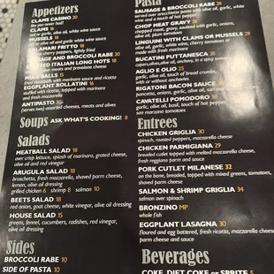 the menu of the restaurant