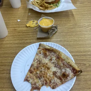 Pizza and chicken sandwich with fries and cheese.
