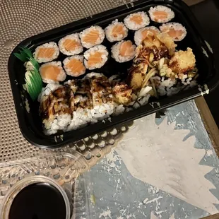 Spicy salmon and shrimp tempura rolls