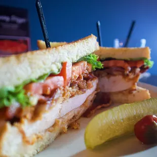 a plate with a sandwich and pickle