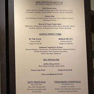 Soups, Salads, a pizza, sides, and desserts