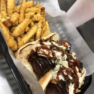 BBQ smoke sausage with Cole slaw on top, now serving with Texas toast.