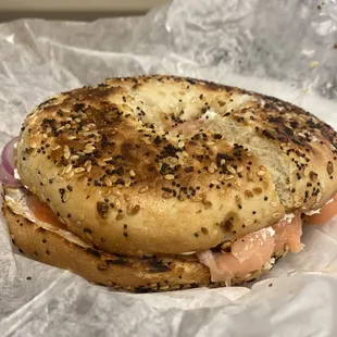 Bagel Sandwich ( lox bagel with tuna , capers, red onion and cream cheese)