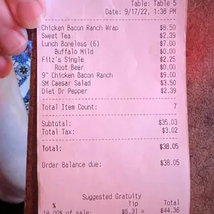 a receipt for a pizza