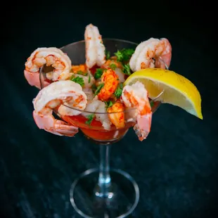 a glass of shrimp cocktail