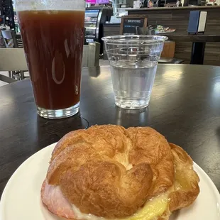 Iced americano and a croissant breakfast sandwich. Both good!