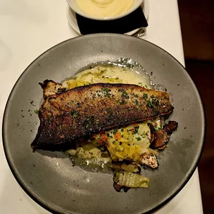 Black truffle pan seared trout and mashed potatoes.