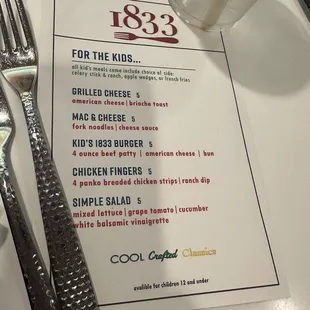 Kids menu