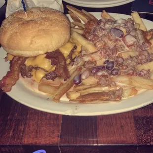 Bacon cheeseburger and chili cheese fries