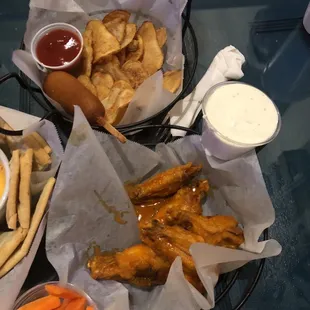 Wings and corn dog