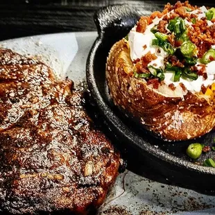 Ribeye with A Loaded Baked Potato