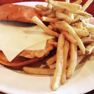 Fire and Ice with fries. Chicken breast smothered in our Cholula  honey sauce and topped with pepper jack. Available fried or grilled.