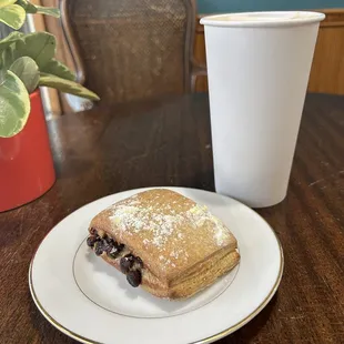 Chocolate chip brioche and latte