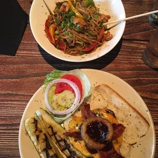 Way west pasta &amp; bbq chicken sandwich with grilled zucchini.