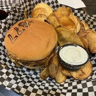 Carolina burger with pub chips. Amazing burger