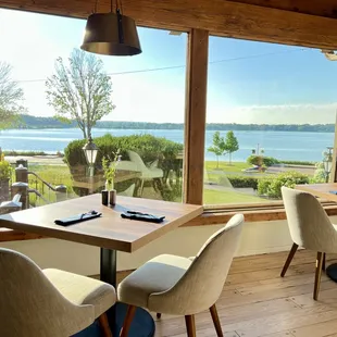 a dining room with a view