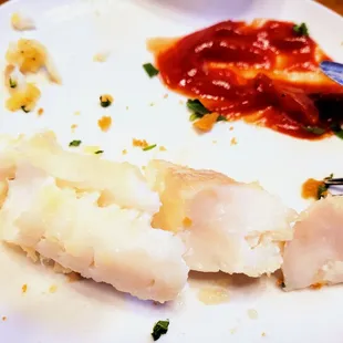 This is the flesh of the fish inside the Fish and Chips. Looks like about 4 ounces. Its OK.