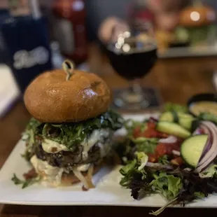 The B&amp;B burger, side salad and the Choir of Angels beer.