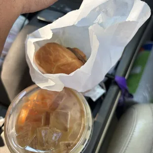 Coffee bomb.  Breakfast sausage croissant.