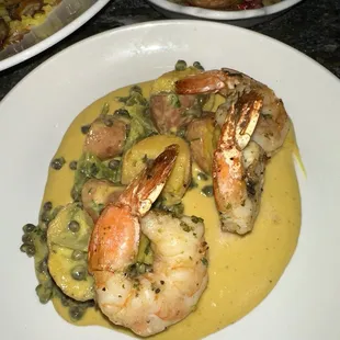 Spanish Roasted Shrimp, Tender Potatoes, Yellow Pepper Coulis