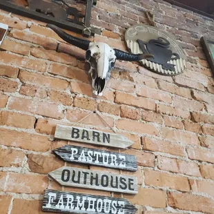 a cow skull mounted on a brick wall