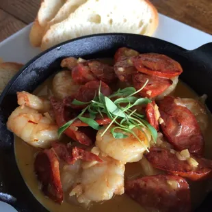 Shrimp and Chorizo with garlic, saffron and white wine cream sauce. The BOMB!!