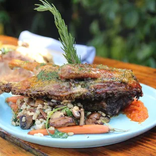 Roasted Half Duck served with tuscan kale, baby carrots, red onion, barley, crimini mushrooms, garlic, white wine &amp; sundried tomato puree