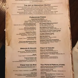 the menu for the art of breakfast buffet