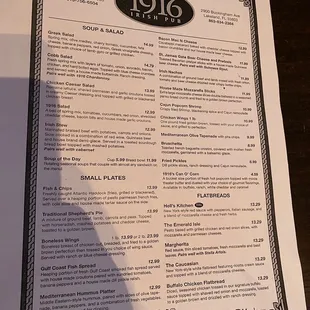 the menu for the restaurant