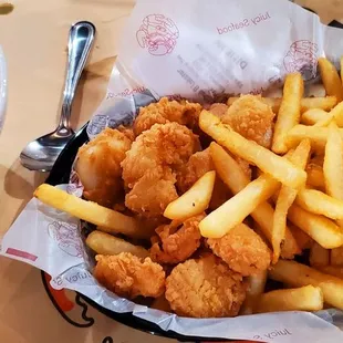 Lobster bisque, fried scallops and fries