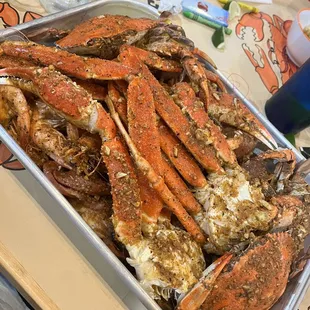 Blue crab, shrimp, crab legs, sausage, potatoes