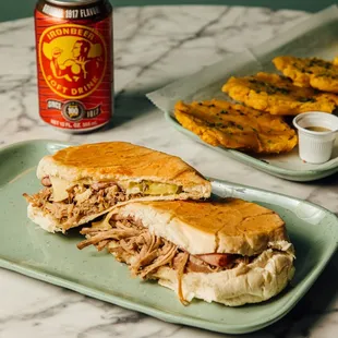 Cuban sandwich, tostones, and Iron Beer