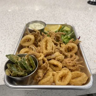 Fried Calamari with  tarter sauce and side of fried Jalapenos