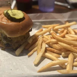 1937 burger with cheddar cheese and fries