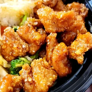 Orange Chicken with mixed veggies and rice. The best Orange Chicken for kids. Not spicy and not too sour.