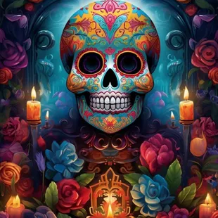 a sugar skull surrounded by roses and candles