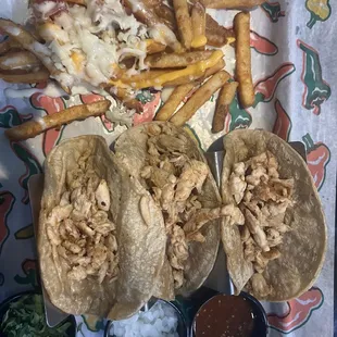 Street tacos with cheesy fries