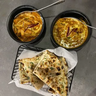 Old Delhi Butter Chicken, Shahi Korma veggies (right), Naan