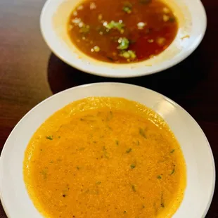 Front: Cream of Tomato Soup Back: Hot &amp; Sour Soup