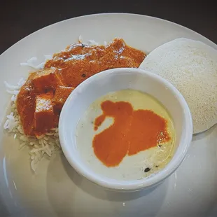Coconut and tomato chutney, idly, white rice, and Paneer Butter Masala