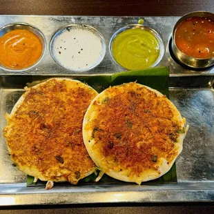 Spicy Utthapam with a trio of chutneys - Tomato, Coconut, &amp; Coriander.  All excellent!
