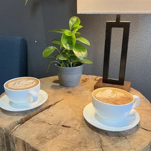 Mocha with oat milk (left) and dirty chai with oat milk (right)