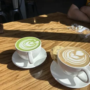 Matcha green tea latte, and mocha.