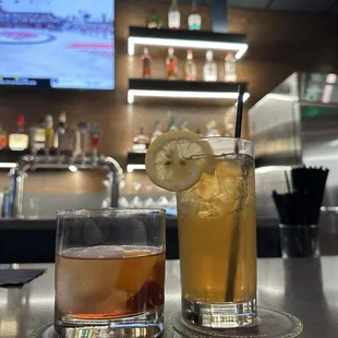Drinks, old fashion and Arnold Palmer with alcohol (don't remember the name)