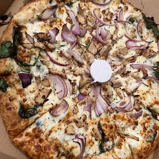 Alfredo sauce, spinach, onion and chicken pizza- the Alfredo was so buttery- this was my favorite