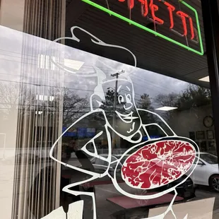 Pizza shop window.