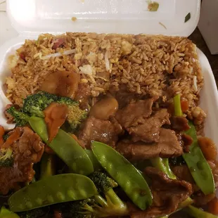 Beef and broccoli with bbq pork fried rice