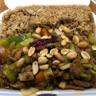 Lunch special Kung Pao beef with chicken fried rice. It&apos;s about 3/4ths veggies, 1/4th meat, but since the portion is so huge it&apos;s all good.