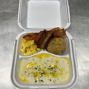 a meal in a styrofoam container
